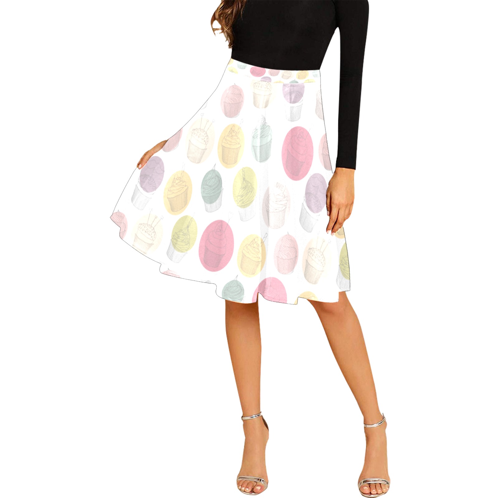 Colorful Cupcakes Melete Pleated Midi Skirt (Model D15)