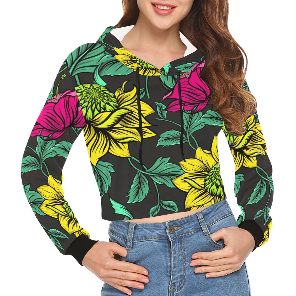 Neon Tropical Yellow All Over Print Crop Hoodie for Women (Model H22)