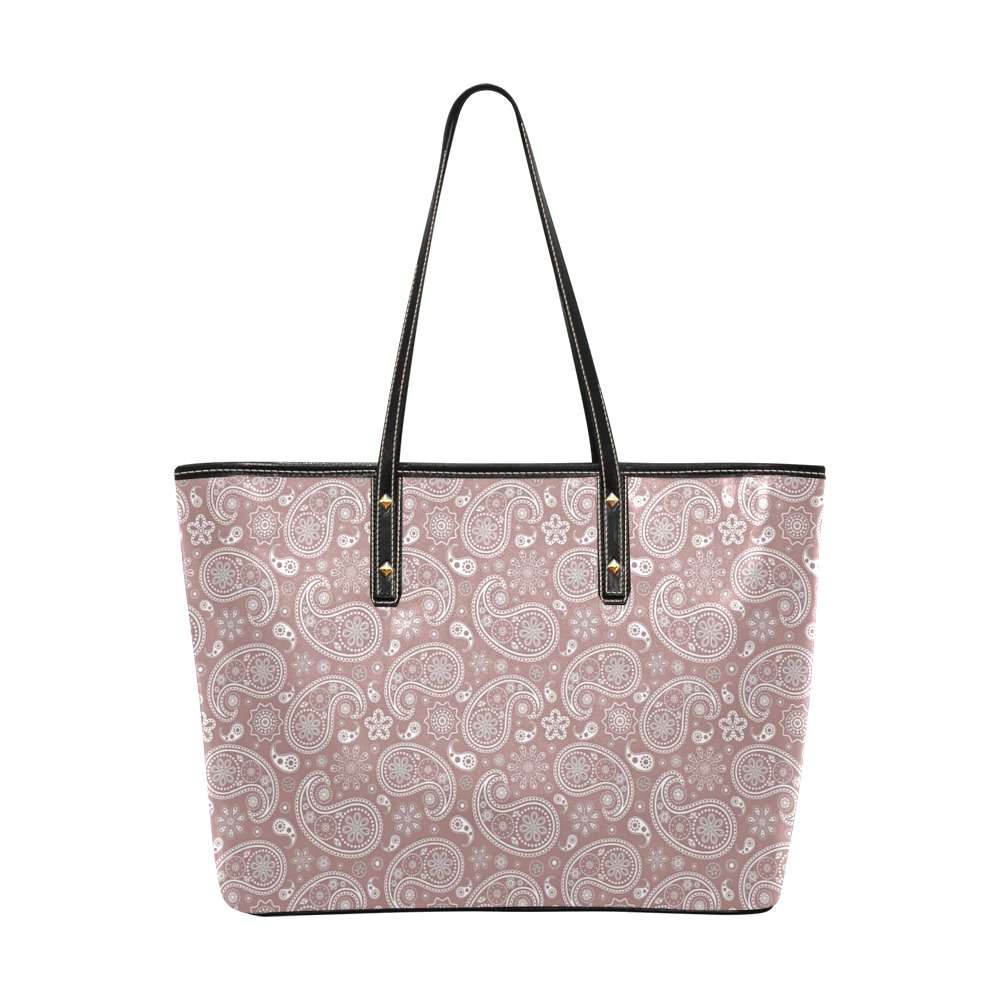 White and rose gold paisley Chic Leather Tote Bag (Model 1709)