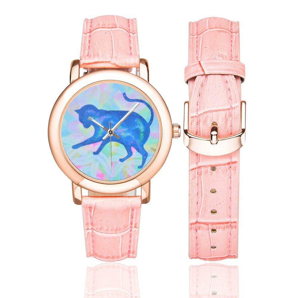 Cat on Feather Women's Rose Gold Leather Strap Watch(Model 201)