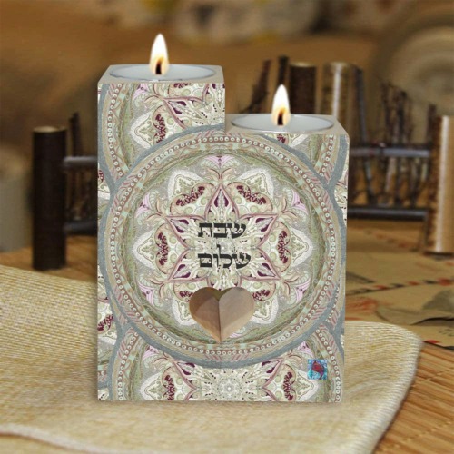 embroidery-pale green shabbat shalom Wooden Candle Holder (Without Candle)
