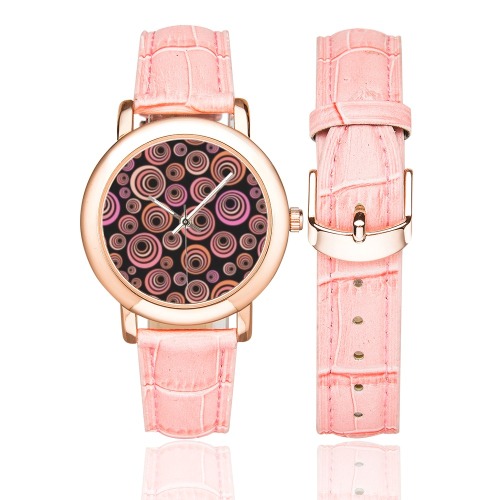 Retro Psychedelic Pretty Orange Pattern Women's Rose Gold Leather Strap Watch(Model 201)