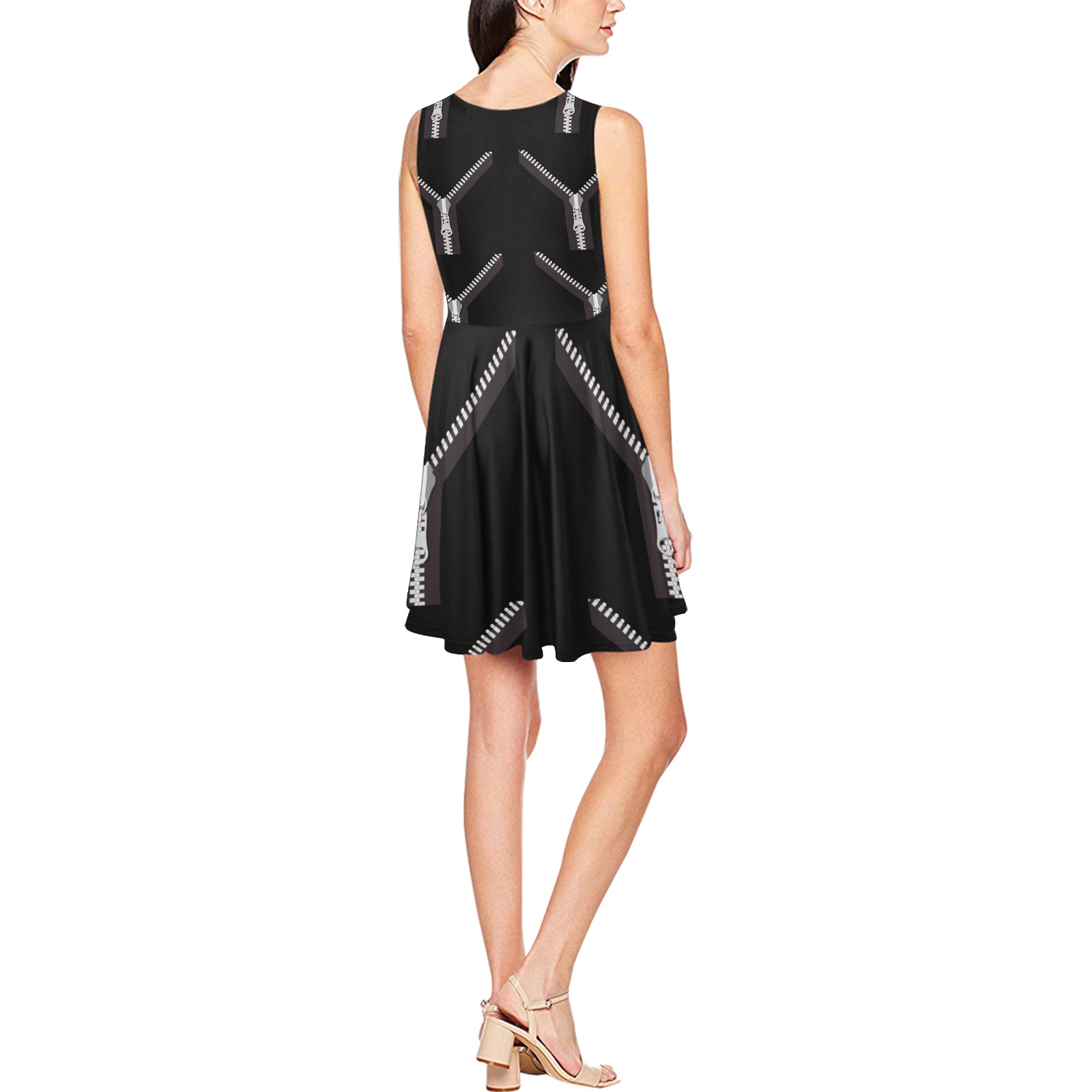 vestido mujer negro cremalleras Thea Sleeveless Skater Dress(Model D19)