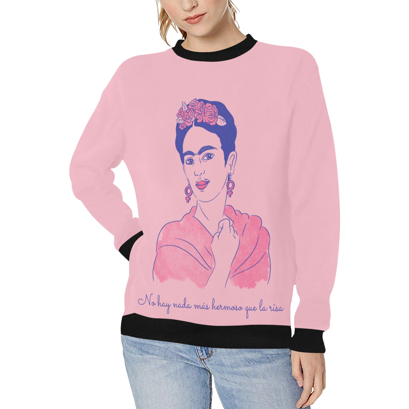 sudadera de mujer Frida Kahlo Women's Rib Cuff Crew Neck Sweatshirt (Model H34)