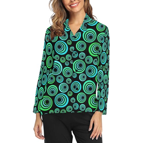 Retro Psychedelic Pretty Green Pattern Women's Long Sleeve Pajama Shirt