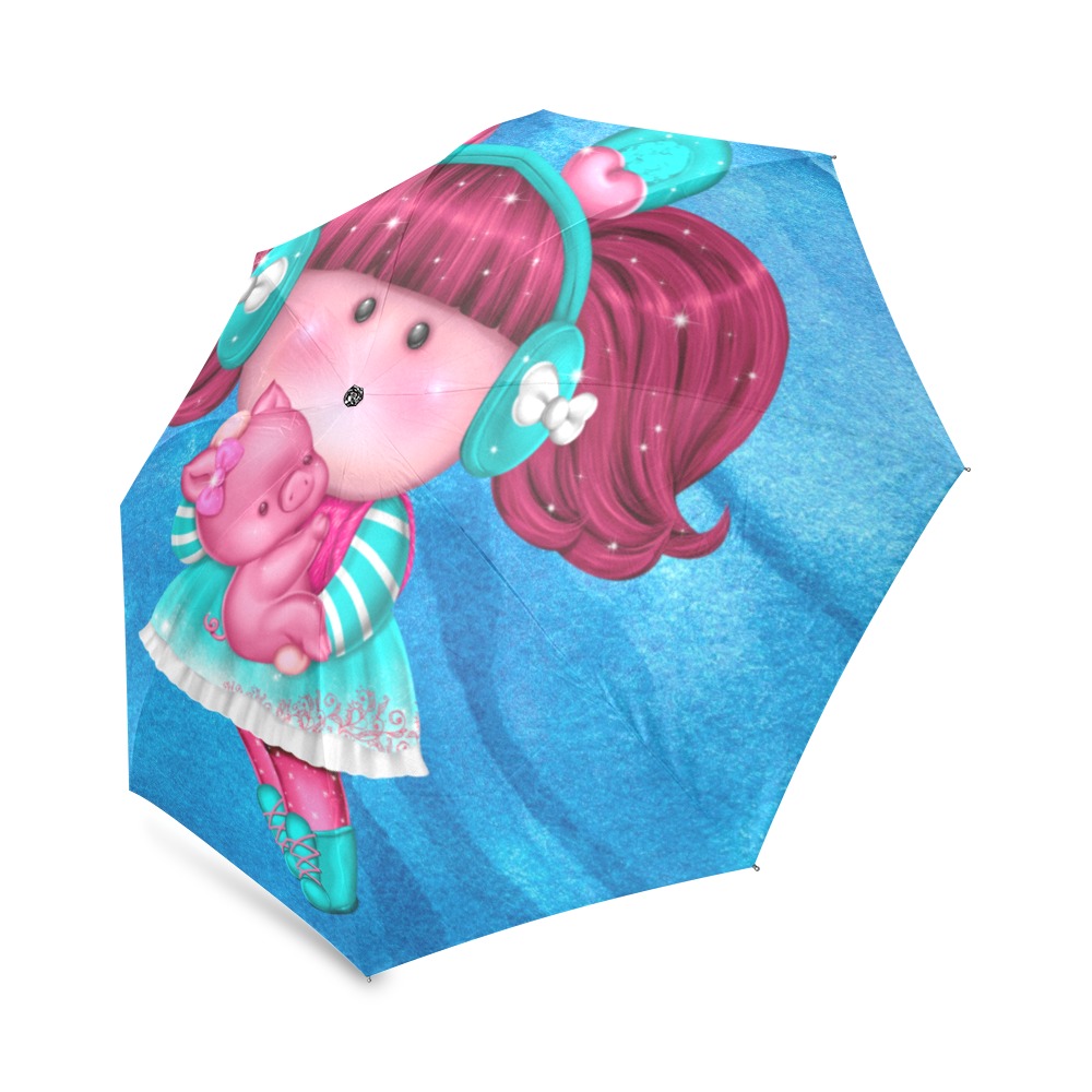 Cute Pummy Doll illustration on blue watercolor Foldable Umbrella (Model U01)