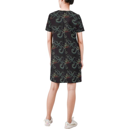 Abstract Short-Sleeve Round Neck A-Line Dress (Model D47)