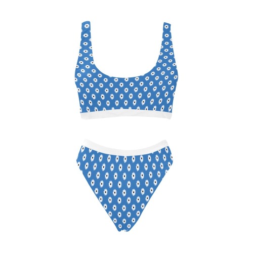 Fleur Marguerite Blanc/Bleu Sport Top & High-Waisted Bikini Swimsuit (Model S07)