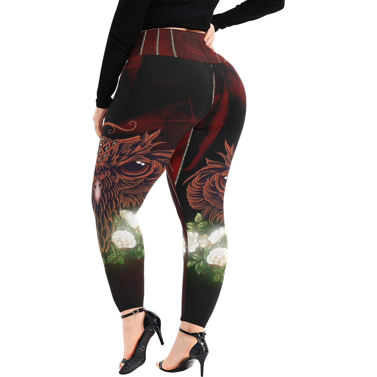 Awesome owl with flowers Women's Extra Plus Size High Waist Leggings (Model L45)