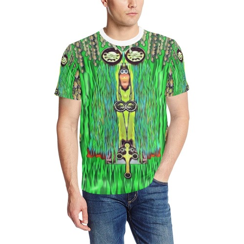 Goth lady panda in the steam punk temple under a flower tree Men's All Over Print T-Shirt (Solid Color Neck) (Model T63)
