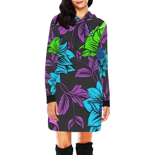 Neon Tropical Turquoise All Over Print Hoodie Mini Dress (Model H27)