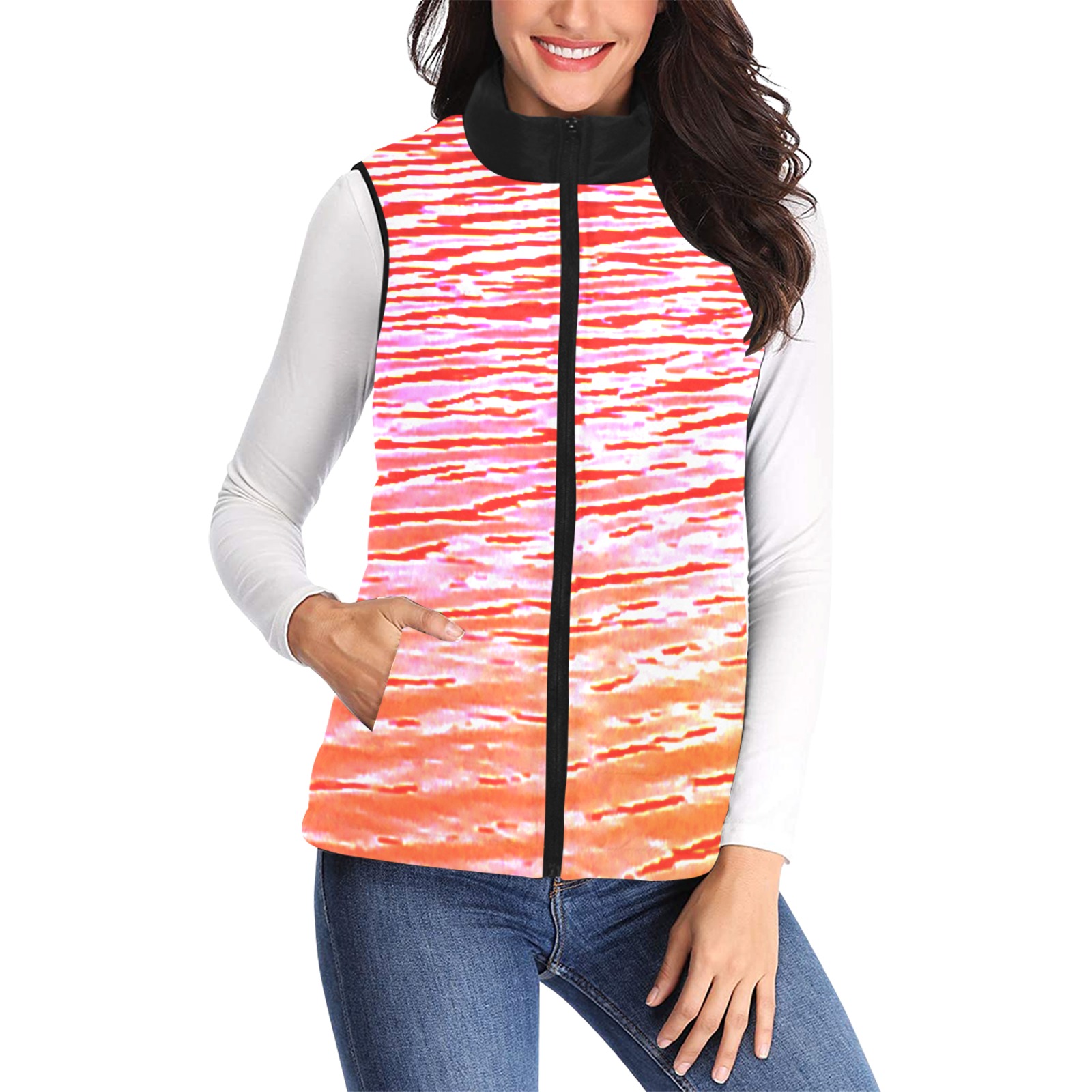 Orange and red water Women's Padded Vest Jacket (Model H44)