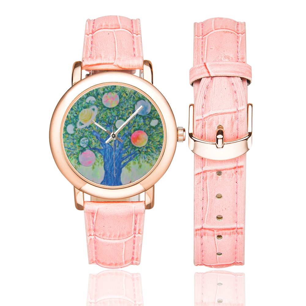 Planet Tree Women's Rose Gold Leather Strap Watch(Model 201)
