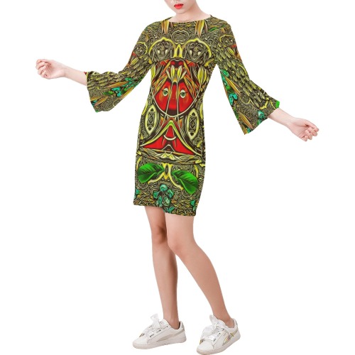 leather lady among spring flowers Bell Sleeve Dress (Model D52)