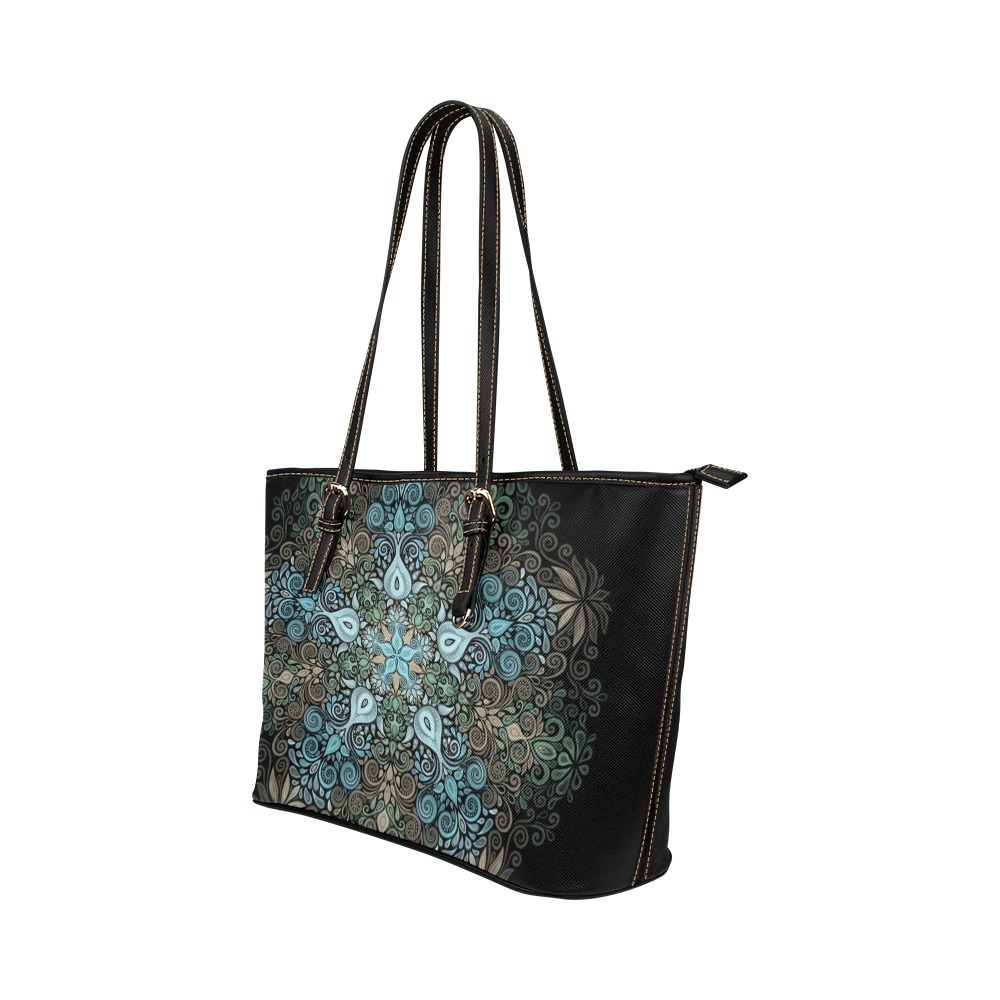 Turquoise Mandala Garden Watercolor Leather Tote Bag/Small (Model 1651)
