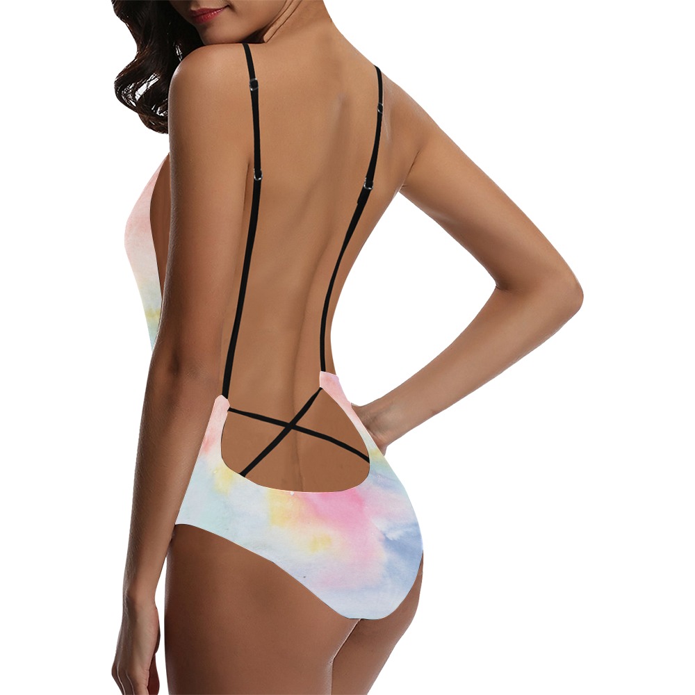 Colorful watercolor Sexy Lacing Backless One-Piece Swimsuit (Model S10)