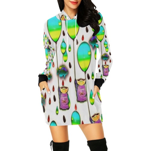 raining cartoons and fishes All Over Print Hoodie Mini Dress (Model H27)