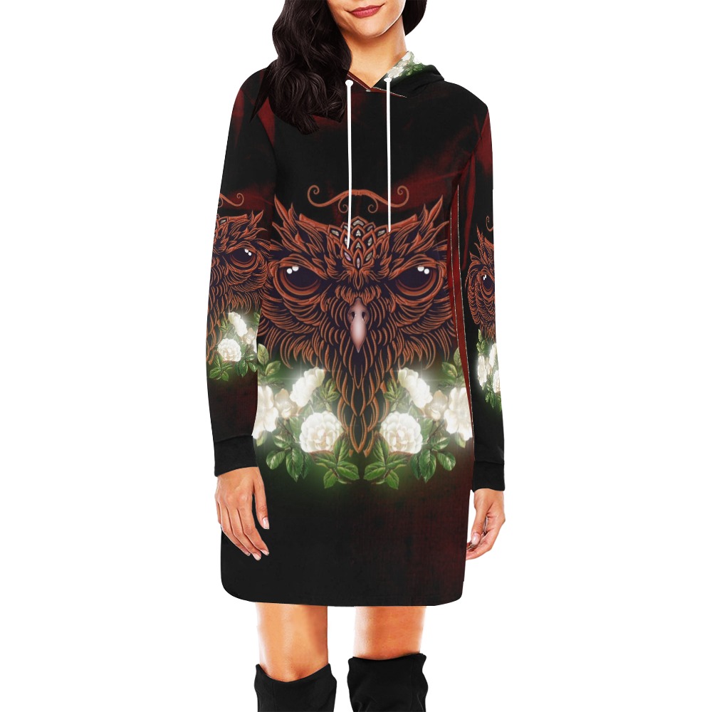 Awesome owl with flowers All Over Print Hoodie Mini Dress (Model H27)