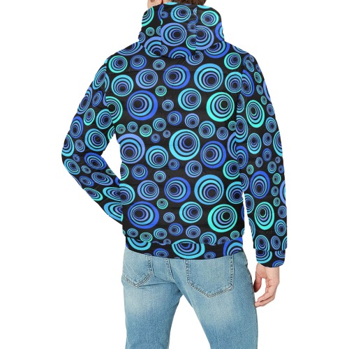 Retro Psychedelic Pretty Blue Pattern Men's Padded Hooded Jacket (Model H42)