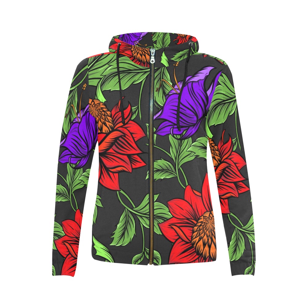 Neon Tropical Red All Over Print Full Zip Hoodie for Women (Model H14)
