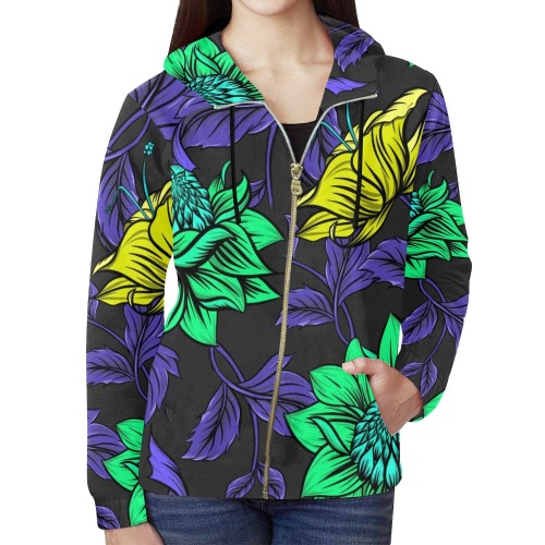 Neon Tropical Green All Over Print Full Zip Hoodie for Women (Model H14)