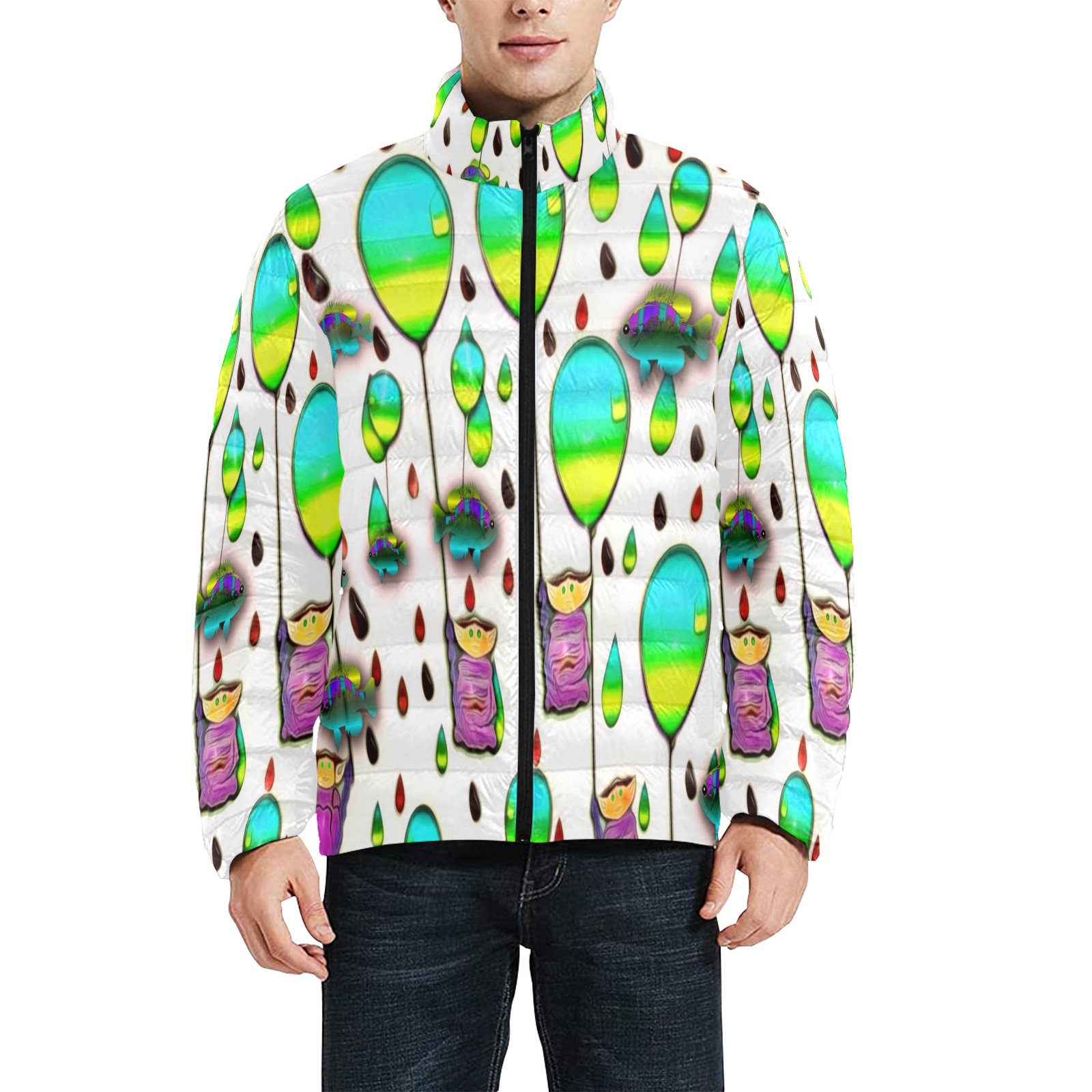 raining cartoons and fishes Men's Stand Collar Padded Jacket (Model H41)