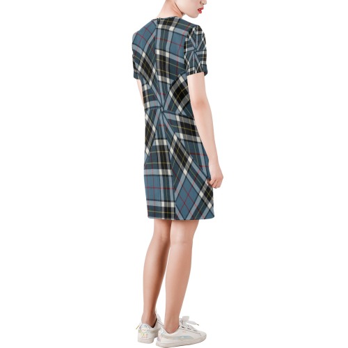 Thompson Blue Tartan Short-Sleeve Round Neck A-Line Dress (Model D47)