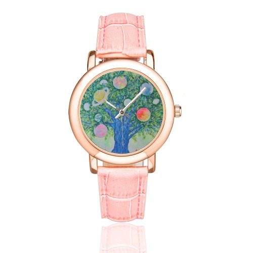 Planet Tree Women's Rose Gold Leather Strap Watch(Model 201)