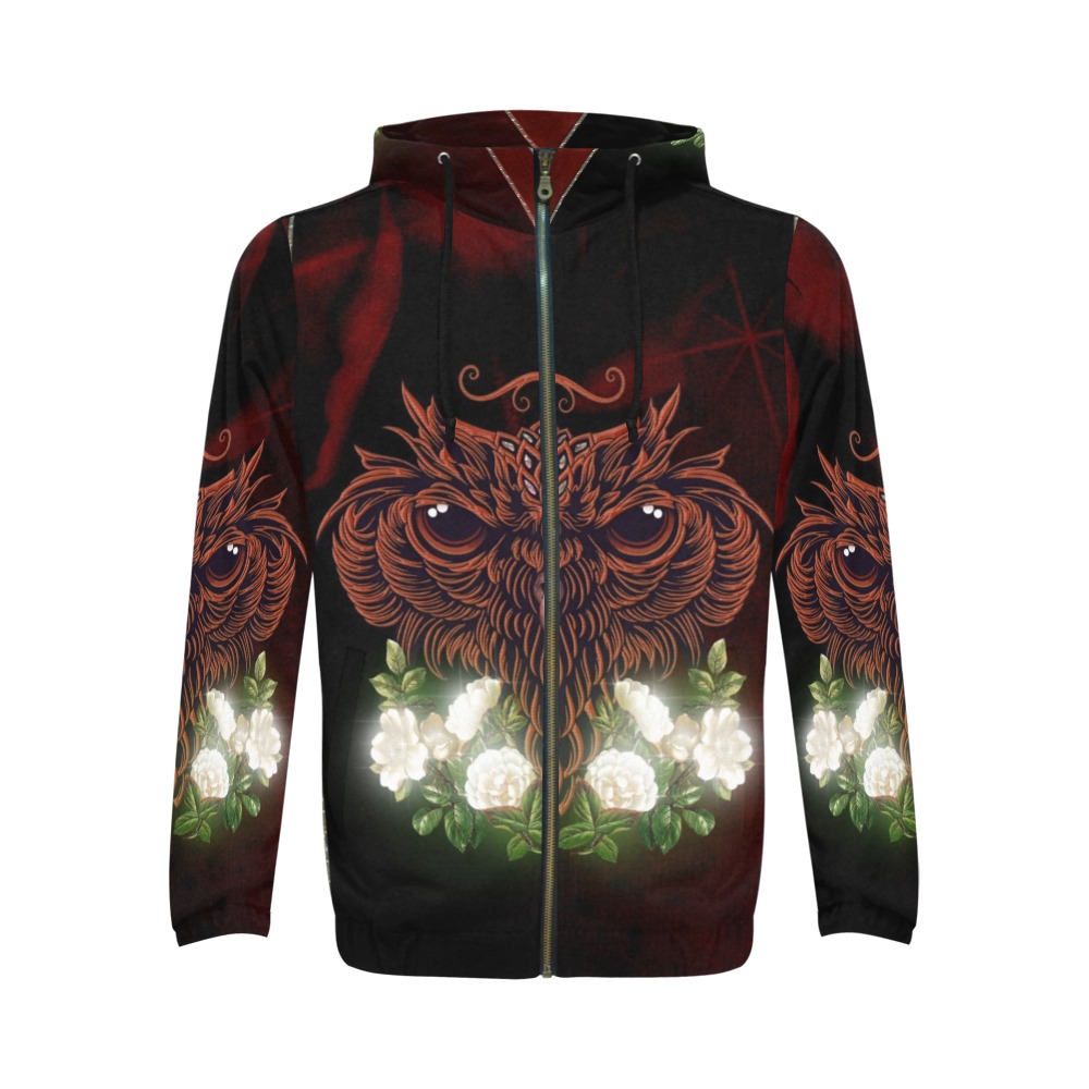 Awesome owl with flowers All Over Print Full Zip Hoodie for Men (Model H14)