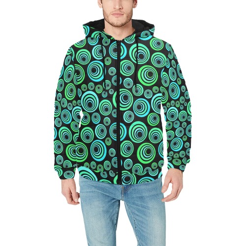 Retro Psychedelic Pretty Green Pattern Men's Padded Hooded Jacket (Model H42)